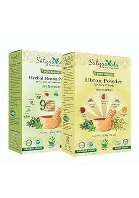 Satyaaveda 100 Percent Natural Herbal Henna Blended with 9 Herbs Combo Pack Along with Ubtan Powder Pack of 2