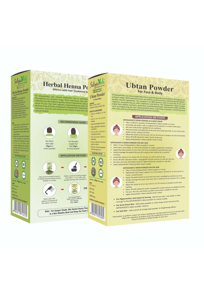 Satyaaveda 100 Percent Natural Herbal Henna Blended with 9 Herbs Combo Pack Along with Ubtan Powder Pack of 2 - Indya