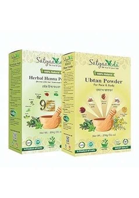 Satyaaveda 100 Percent Natural Herbal Henna Blended with 9 Herbs Combo Pack Along with Ubtan Powder Pack of 2