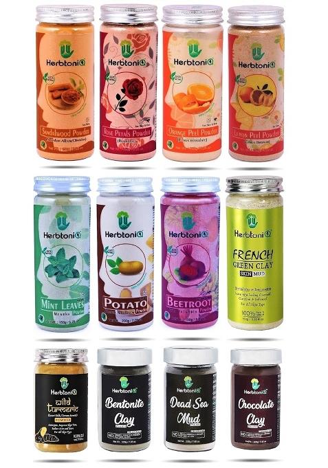 Herbtoniq Face Pack Combo 1975G Sandalwood Rose Orange Peel Lemon Peel Mint Potato Beetroot Green Clay