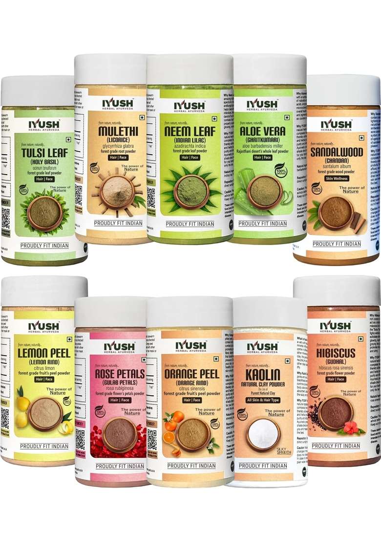 Iyush Herbal Ayurveda Sandalwood Hibiscus Orange Peel Rose Petal Tulsi Mulethi Neem Aloevera Pack of 10 - Indya