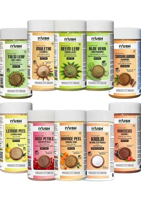 Iyush Herbal Ayurveda Sandalwood Hibiscus Orange Peel Rose Petal Tulsi Mulethi Neem Aloevera Pack of 10