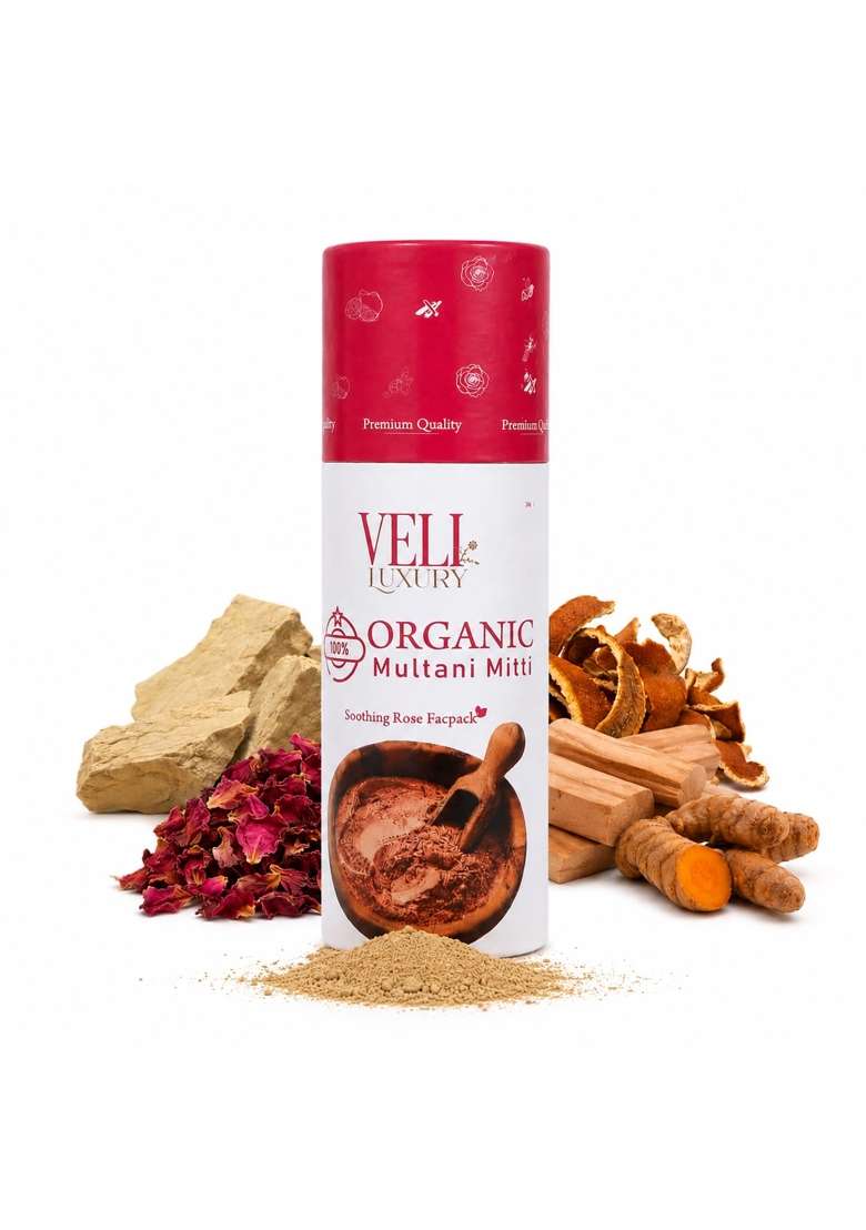 VELI Luxury 100 Percent Organic Multani Mitti Face Pack Powder 120G with Rose Petals Orange Peel - Indya
