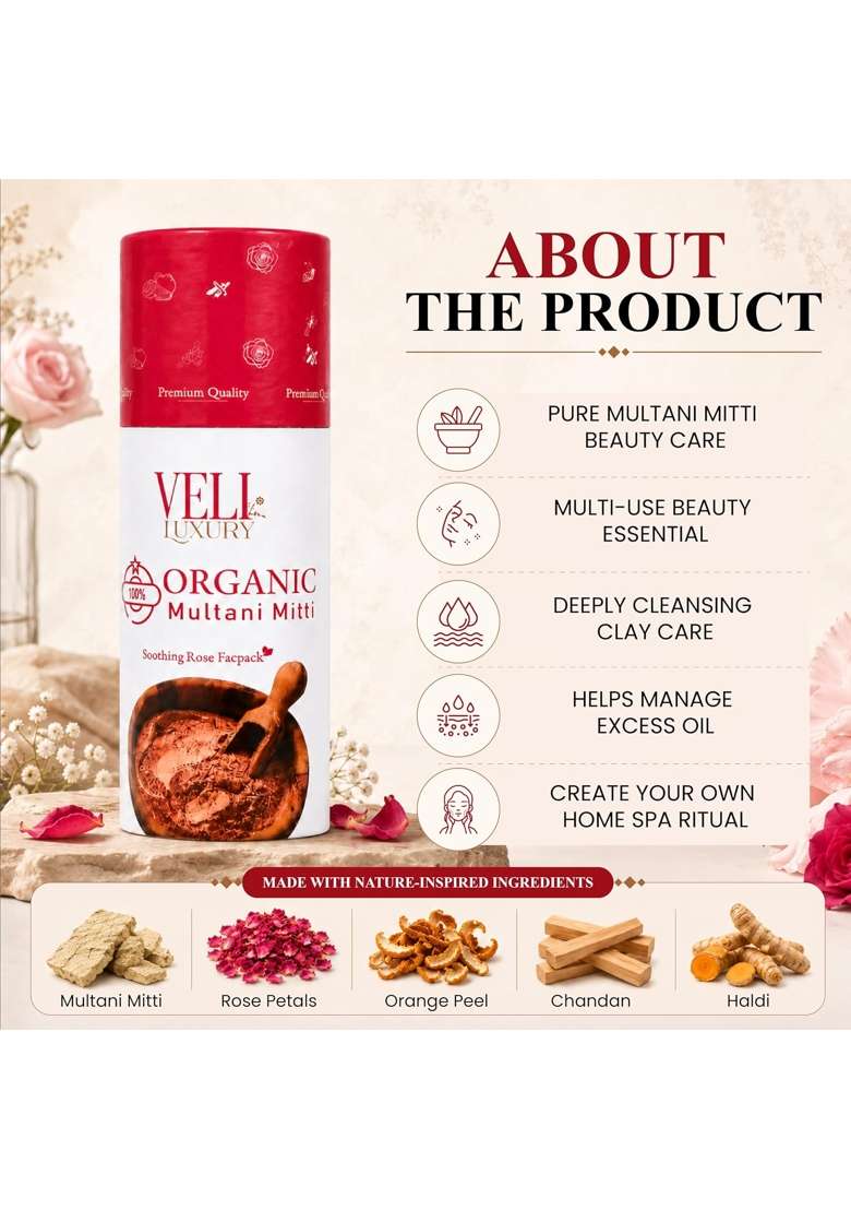 VELI Luxury 100 Percent Organic Multani Mitti Face Pack Powder 120G with Rose Petals Orange Peel - Indya