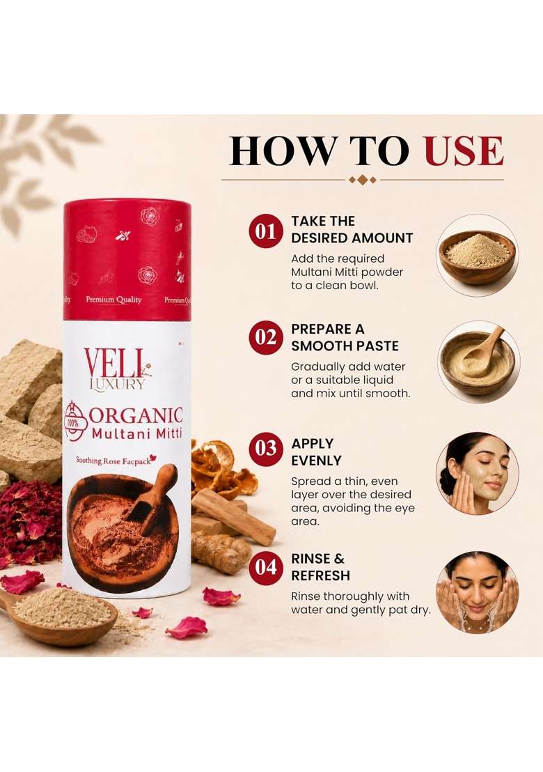 VELI Luxury 100 Percent Organic Multani Mitti Face Pack Powder 120G with Rose Petals Orange Peel - Indya