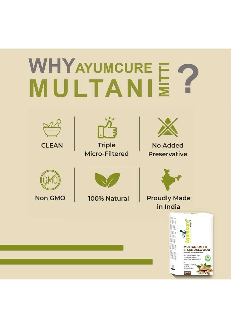 Ayumcure Multani Mitti and Sandalwood Face Pack 150G with Niacinamide 3 Percent Turmeric Neem - Indya