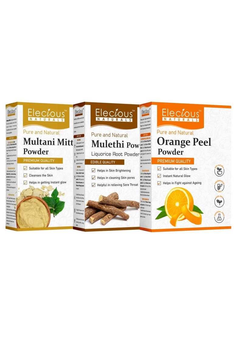 Elecious Mulethi Powder Multani Powder and Orange Peel Powder Combo 200 Grams Each 600 Grams Total - Indya