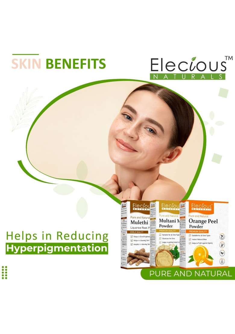 Elecious Mulethi Powder Multani Powder and Orange Peel Powder Combo 200 Grams Each 600 Grams Total - Indya