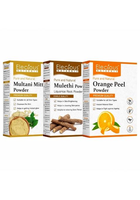 Elecious Mulethi Powder Multani Powder and Orange Peel Powder Combo 200 Grams Each 600 Grams Total