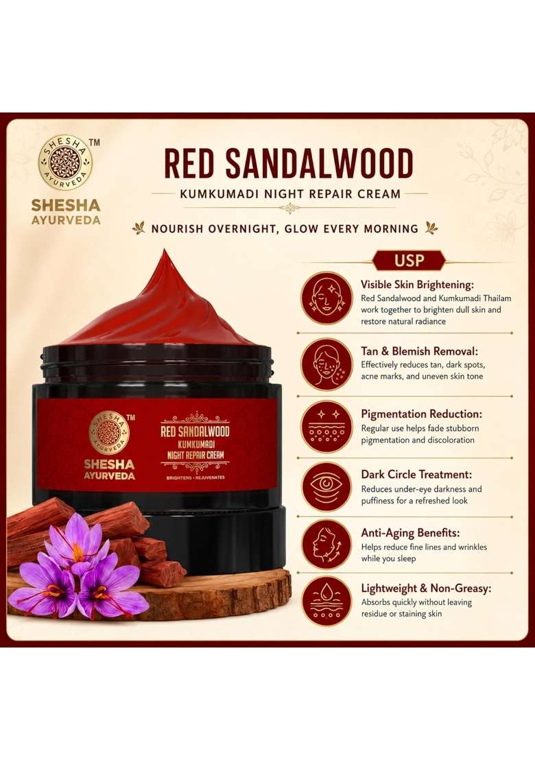 Shesha Ayurveda Red Sandalwood Skin Brightening and Night Repair Cream for Men and Women for Natural - Indya