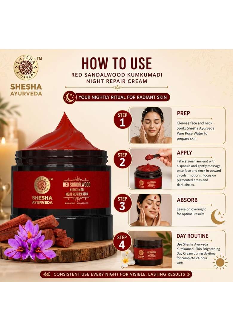 Shesha Ayurveda Red Sandalwood Skin Brightening and Night Repair Cream for Men and Women for Natural - Indya