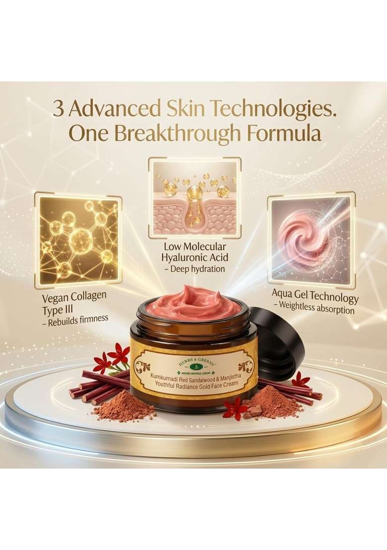 Herbs and Greens Kumkumadi Red Sandalwood Gold Face Cream with Vegan Collagen - Indya