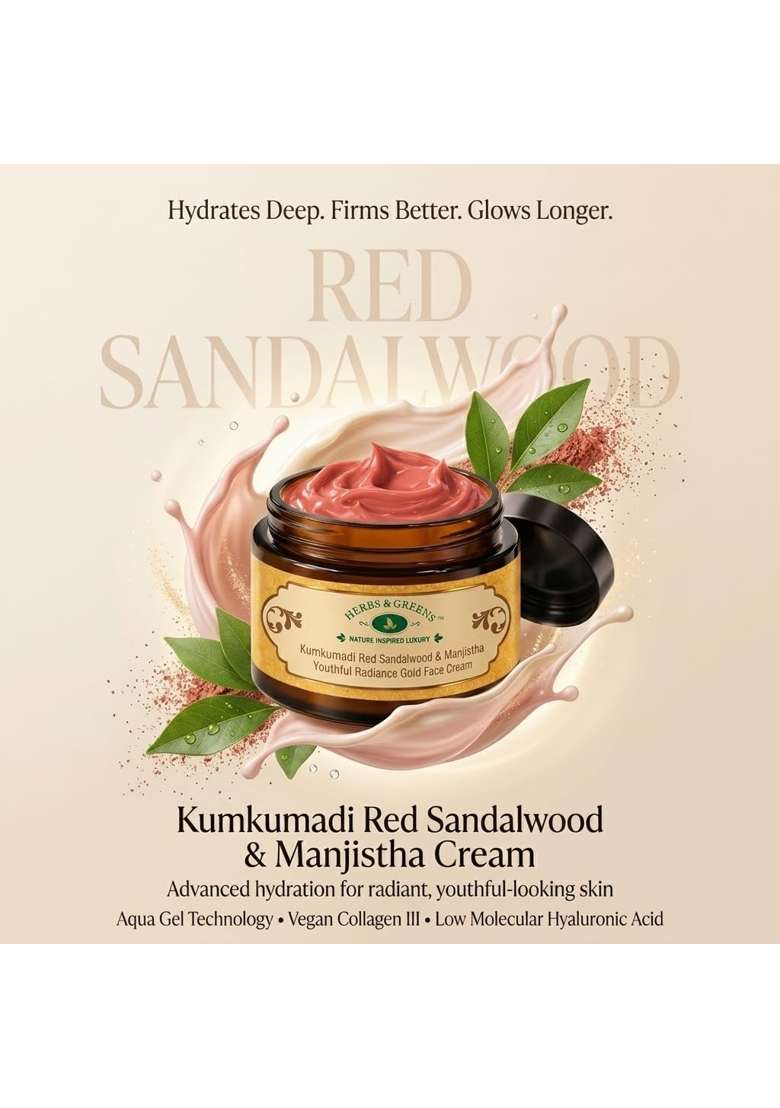 Herbs and Greens Kumkumadi Red Sandalwood Gold Face Cream with Vegan Collagen - Indya