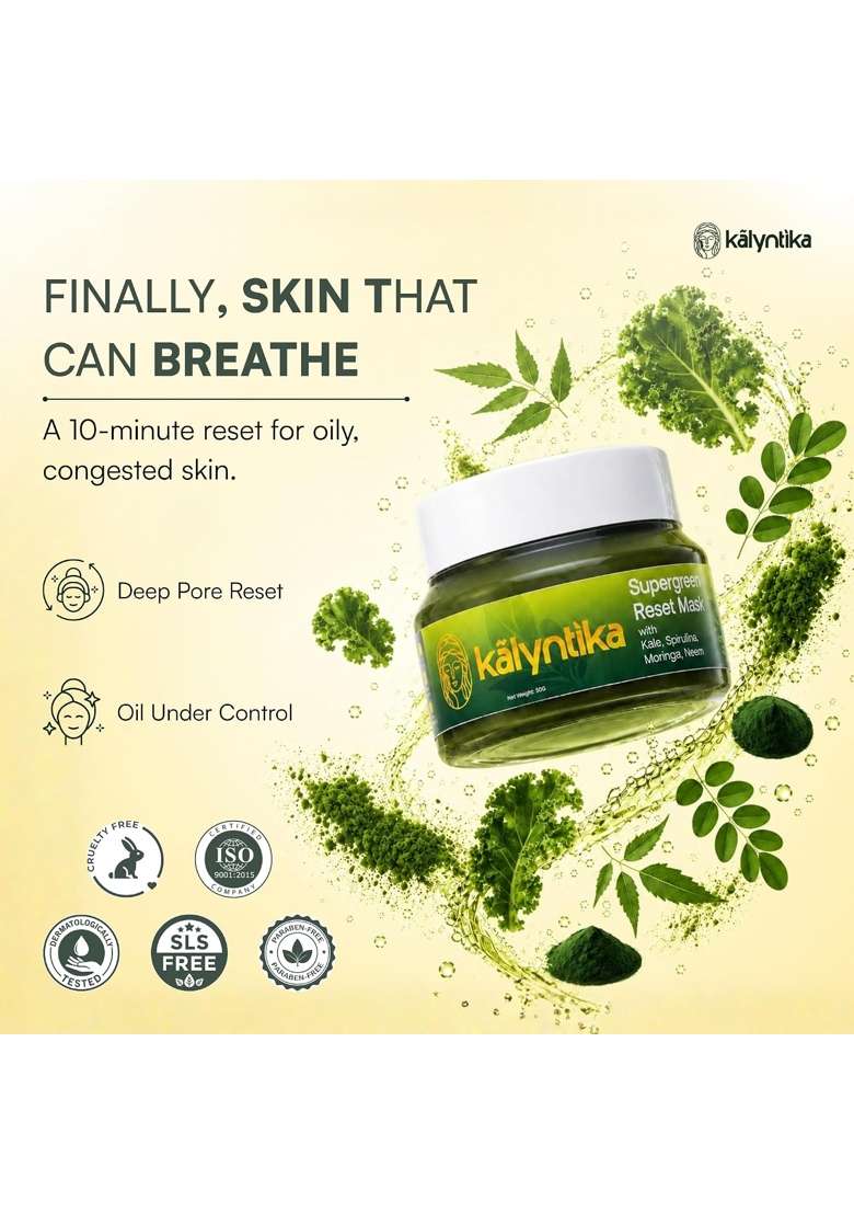 Kalyntika Supergreen Reset Clay Face Mask for Oily Skin Deep Cleanse 50G - Indya