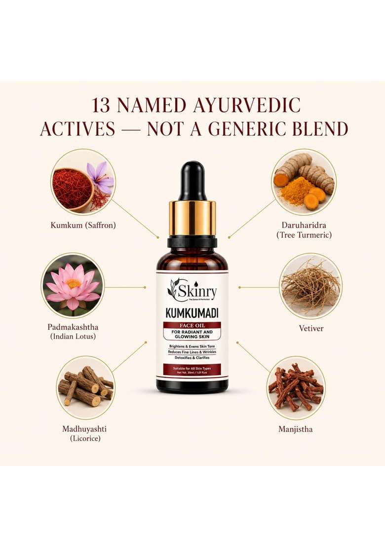 Skinry Kumkumadi Face Oil for Glowing Skin Ayurvedic Saffron Night Serum with 13 Authentic Actives for Dark - Indya