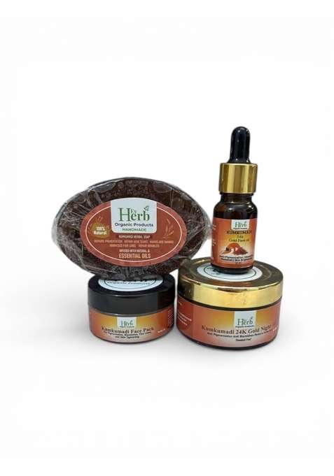 Evherb 100 Percent Natural Kumkumadi Skincare Combo Set Face Oil 24K Gold Night Gel Face Pack and Herbal Soap