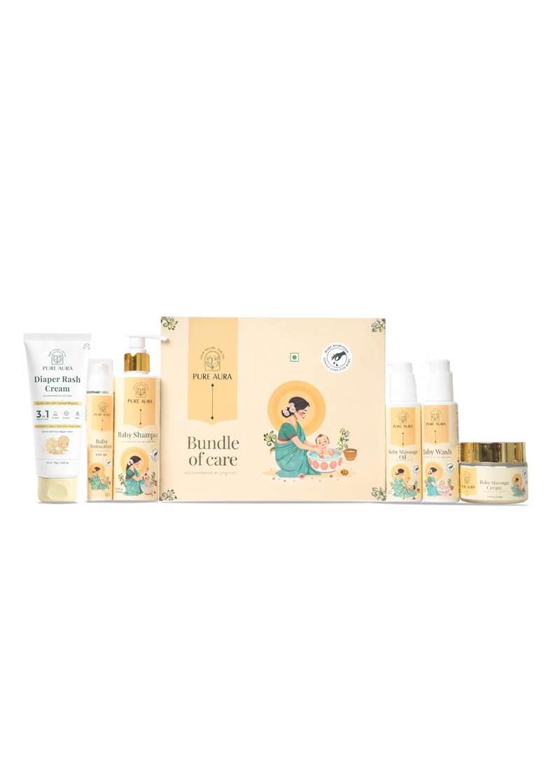 Pure Aura Baby Skincare Kit Doctor Recommended Ayurvedic Shampoo Baby Wash Sunscreen Rash Cream - Indya