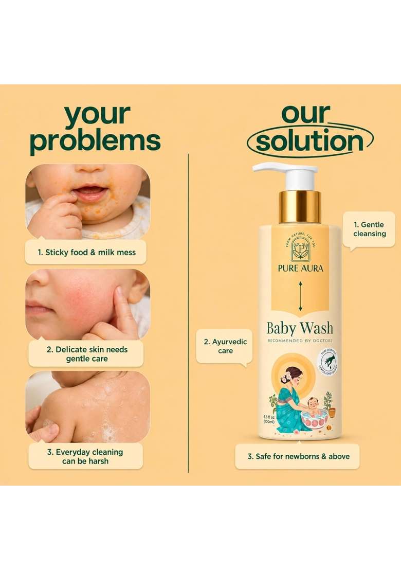 Pure Aura Baby Skincare Kit Doctor Recommended Ayurvedic Shampoo Baby Wash Sunscreen Rash Cream - Indya