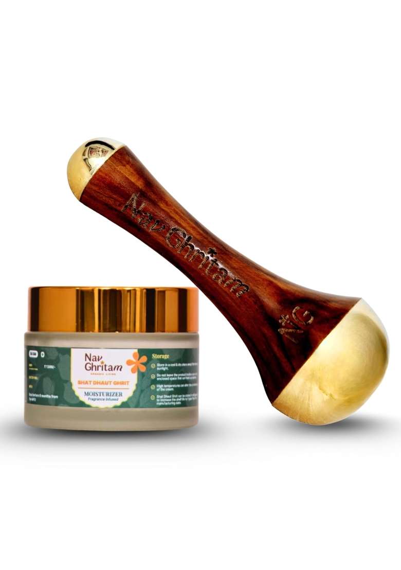 Nav Ghritam Ayurvedic Kansa Wand and Shata Dhauta Ghrita Combo Natural Skin Care Ritual for Face Neck - Indya