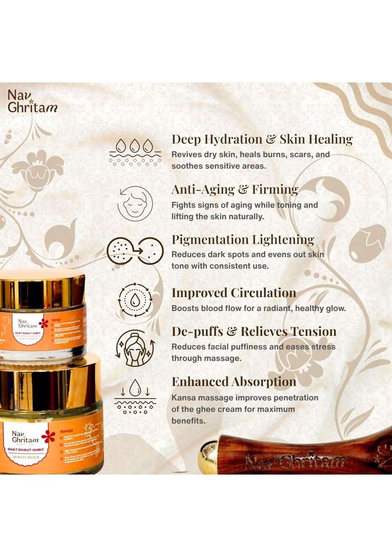 Nav Ghritam Ayurvedic Kansa Wand and Shata Dhauta Ghrita Combo Natural Skin Care Ritual for Face Neck - Indya