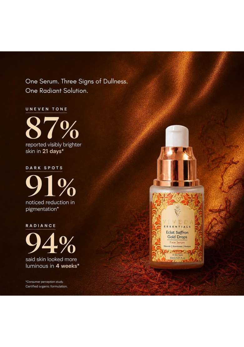 Viveda Essentials Eclat Saffron Gold Drops Face Serum Vitamin C Brightening Serum for Glowing Skin - Indya
