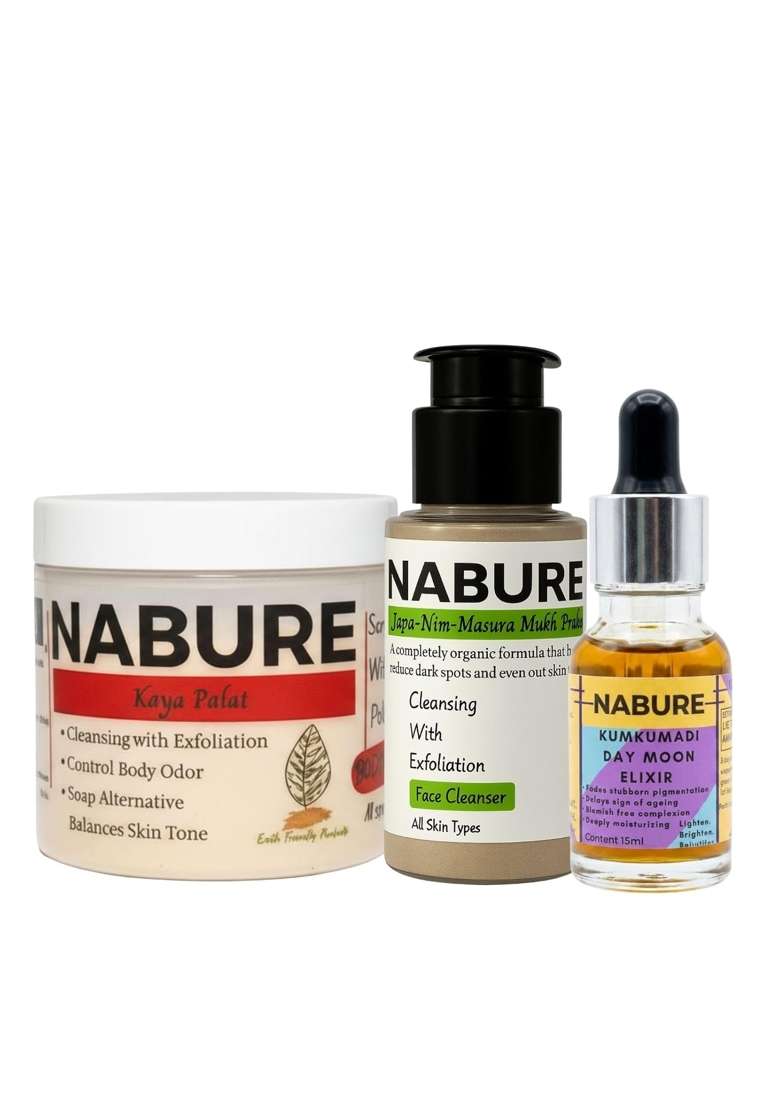 Nabure Beige Ayurvedic Skincare Combo Face Cleanser 25 G Body Ubtan 50 G and Kumkumadi Day Elixir 15 ML - Indya