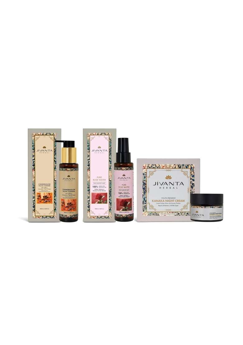 Jivanta Herbal Chandraglow Facial Cleanser 100ML Pure Rose Water 100ML and Night Cream 50G Combo Pack of 3 - Indya