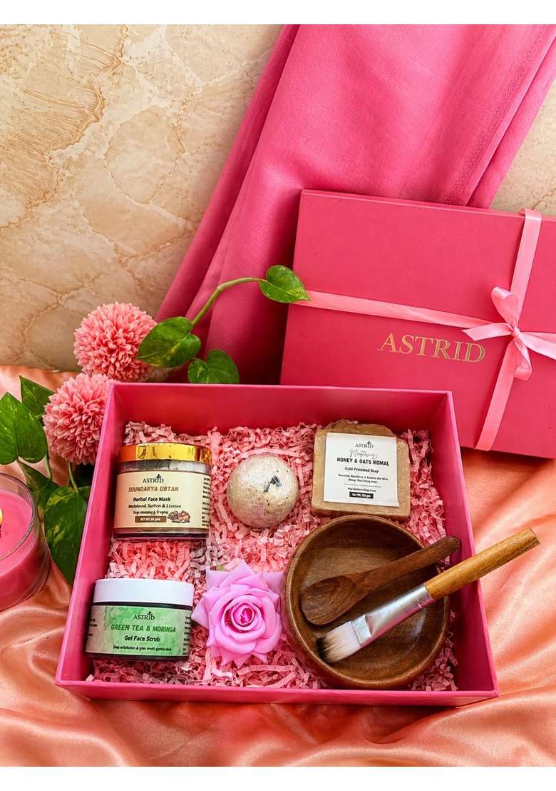 Astrid Luxury Skincare Gift Hamper for Women Ubtan Face Mask Honey Oats Soap Coffee Bath Bomb Green Tea Scrub - Indya