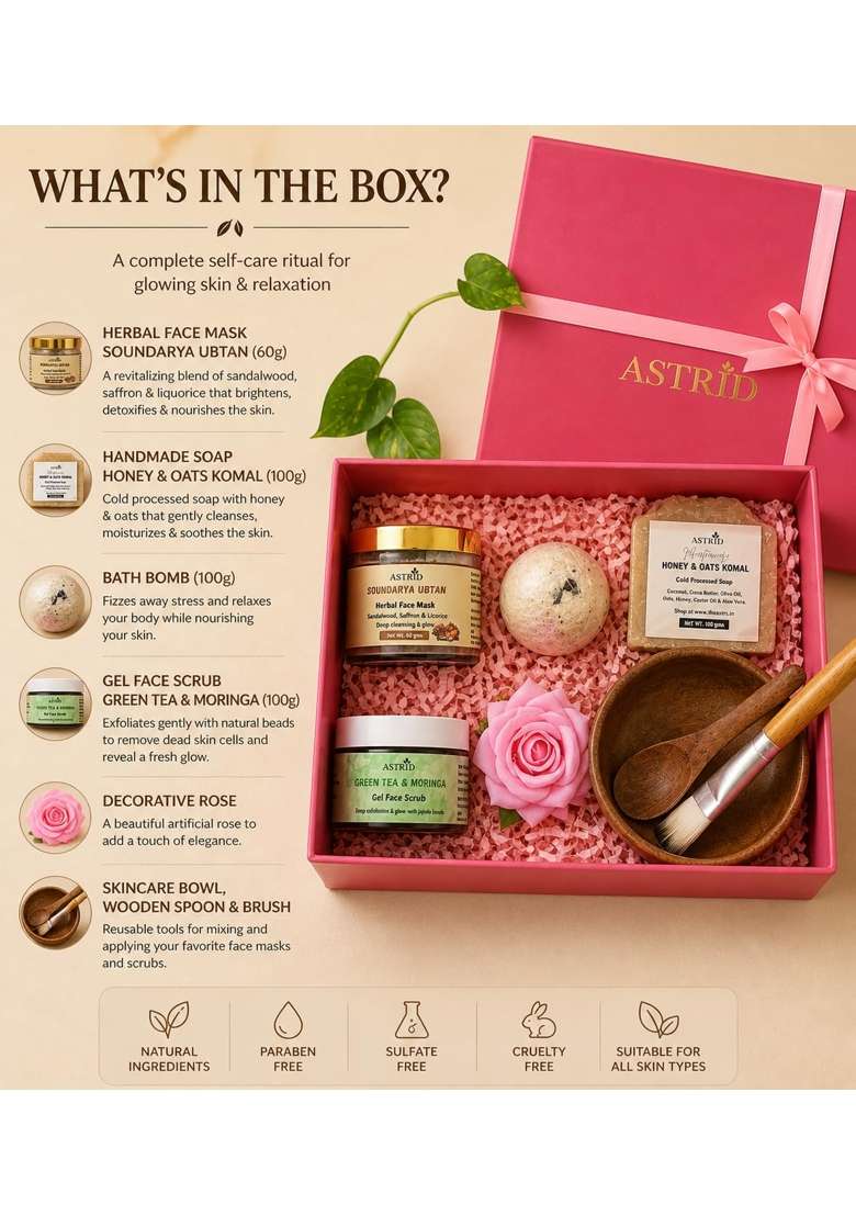 Astrid Luxury Skincare Gift Hamper for Women Ubtan Face Mask Honey Oats Soap Coffee Bath Bomb Green Tea Scrub - Indya