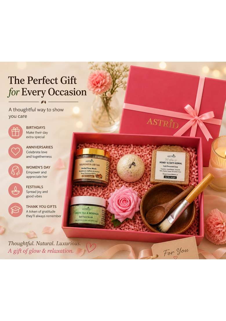 Astrid Luxury Skincare Gift Hamper for Women Ubtan Face Mask Honey Oats Soap Coffee Bath Bomb Green Tea Scrub - Indya