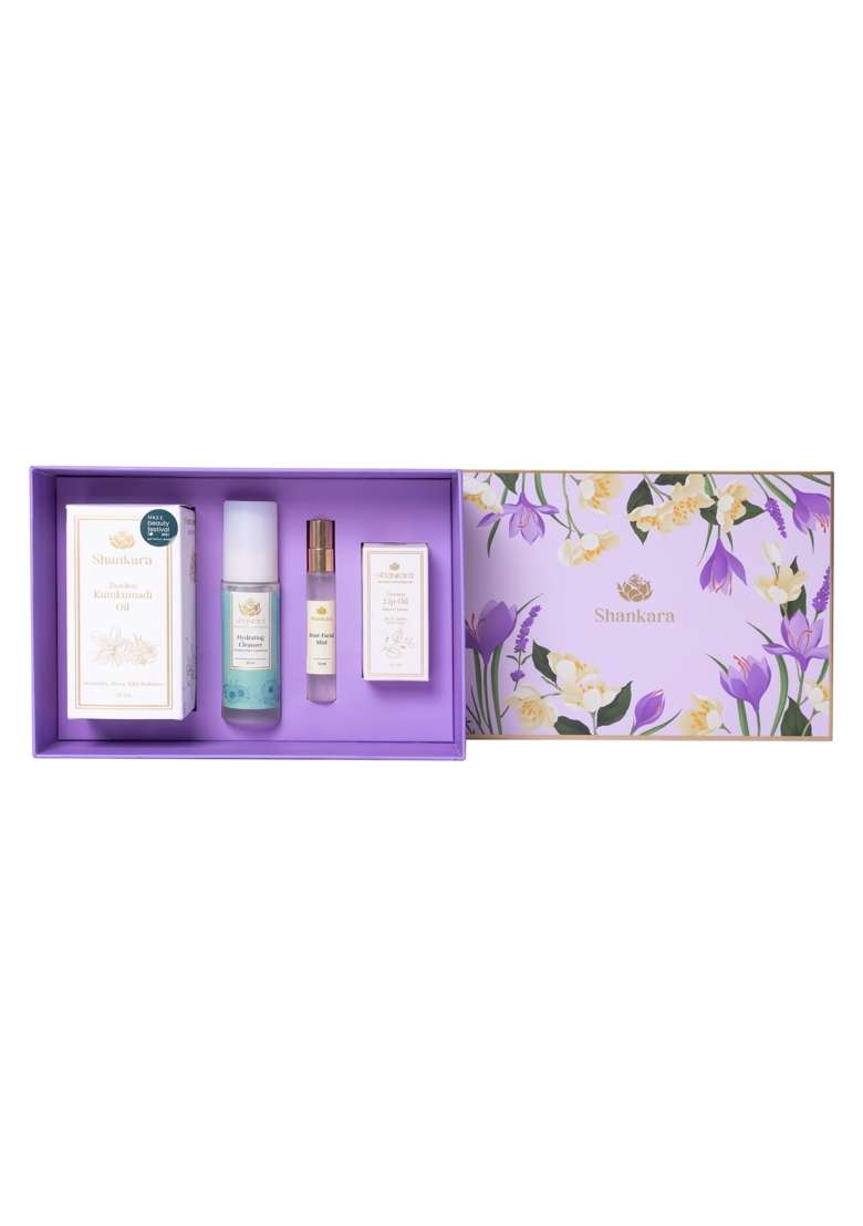 Shankara Glow with Saffron Gift Set Luxurious Ayurvedic Skincare Kit with Kumkumadi Oil Lip Oil - Indya