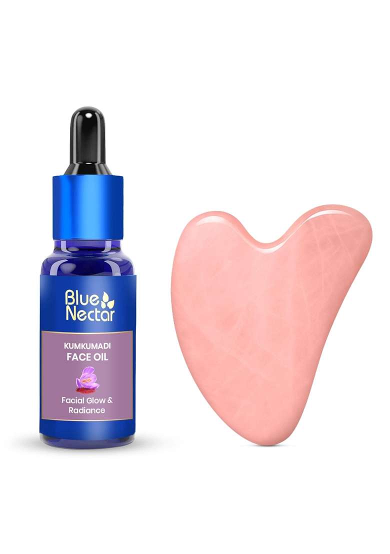 Blue Nectar Rose Quartz Gua Sha for Face with Kumkumadi Oil - Indya