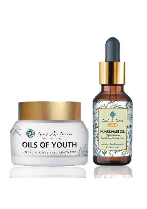 Teal and Terra Kumkumadi Oil Night Serum 30ML Plus Under Eye Revival Cream 30G for Skin Whitening and Glowing
