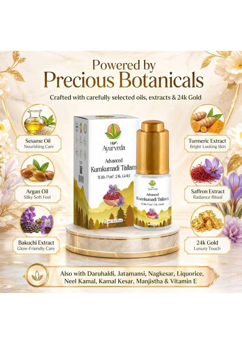 HIM Ayurveda Advanced 24K Gold Ayurvedic Kumkumadi Oil Tailam Natural and Organic Herbs - Indya