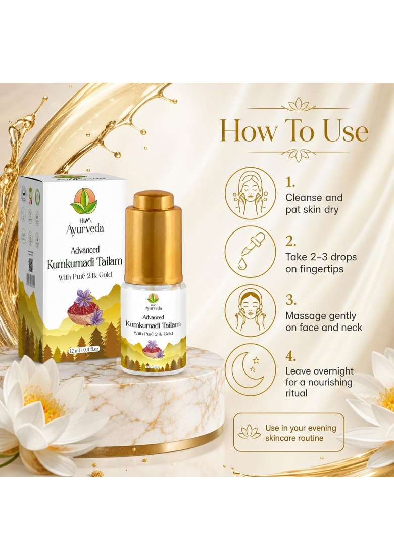 HIM Ayurveda Advanced 24K Gold Ayurvedic Kumkumadi Oil Tailam Natural and Organic Herbs - Indya