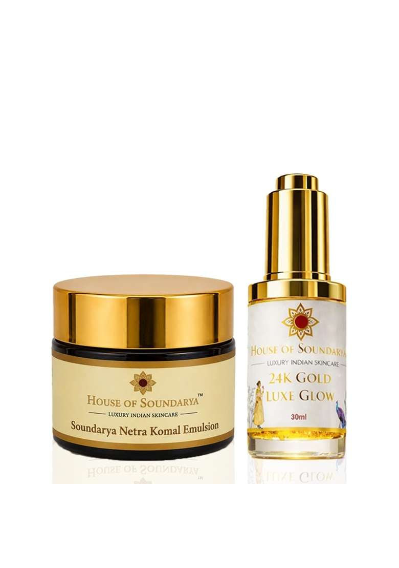 House of Soundarya 24K Gold Kumkumadi Face Serum and Netra Komal Under Eye Emulsion Combo - Indya
