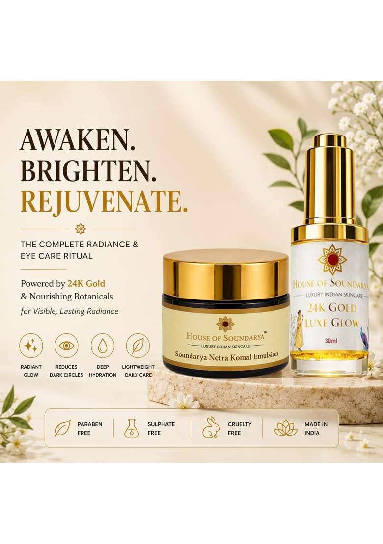 House of Soundarya 24K Gold Kumkumadi Face Serum and Netra Komal Under Eye Emulsion Combo - Indya