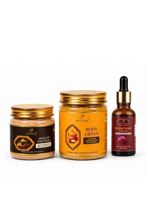 Adornn Herbals Brown Ayurvedic Skincare Combo Mukh Lep 100G Body Ubtan 250G Kumkumadi Oil 30ML