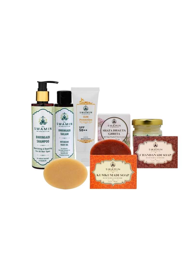 The Swamin Ayurvedic Combo Kit with Shata Dhauta Ghrita Kumkumadi Serum Bhringadi Hair Oil and Handmade Soap - Indya