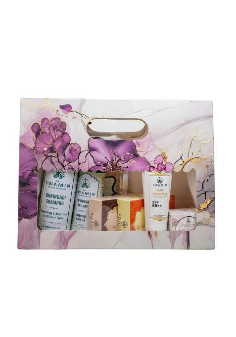 The Swamin Ayurvedic Combo Kit with Shata Dhauta Ghrita Kumkumadi Serum Bhringadi Hair Oil and Handmade Soap