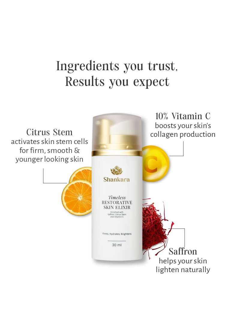 Shankara Timeless Restorative Skin Elixir 30ML Vitamin C Red Gold Saffron and Active Citrus Stem Cells - Indya