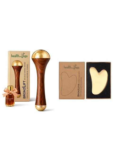 Healthandyoga Bronzlift Double Dome Kansa Wand Facial Massage PLUS Ayurveda Bronzlove Kansa Gua Sha Massage