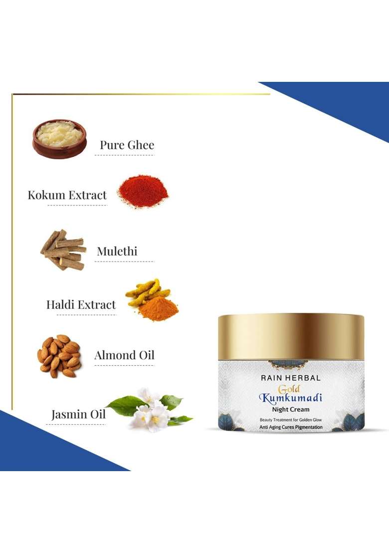 Rain Herbal Kumkumadi Night Cream for Golden Glow Helps in Anti Aging and Pigmentation Care - Indya