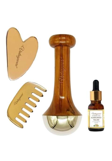 Vintageware Ayurvedic Wellness Combo Kansa Wand Gua Sha Comb Massager and Kumkumadi Oil Set of 4
