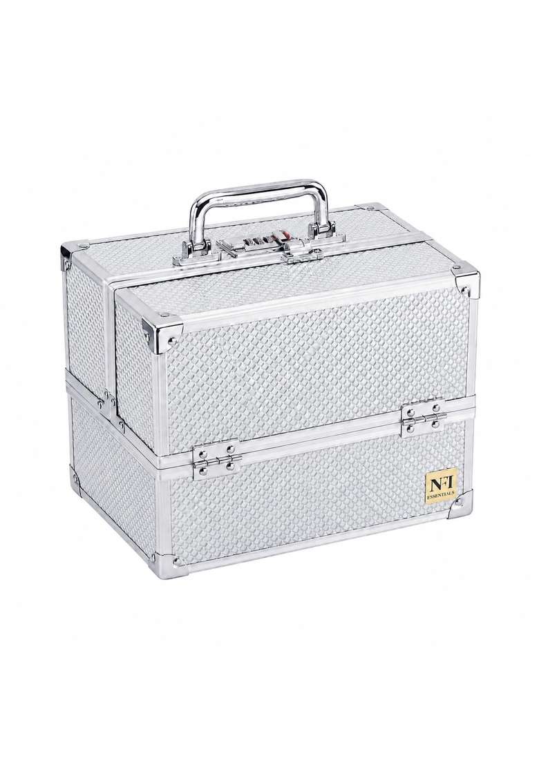 NFI Essentials Silver Makeup Vanity Box for Women Professional Cosmetic Organizer Case with Lock and Multi - Indya
