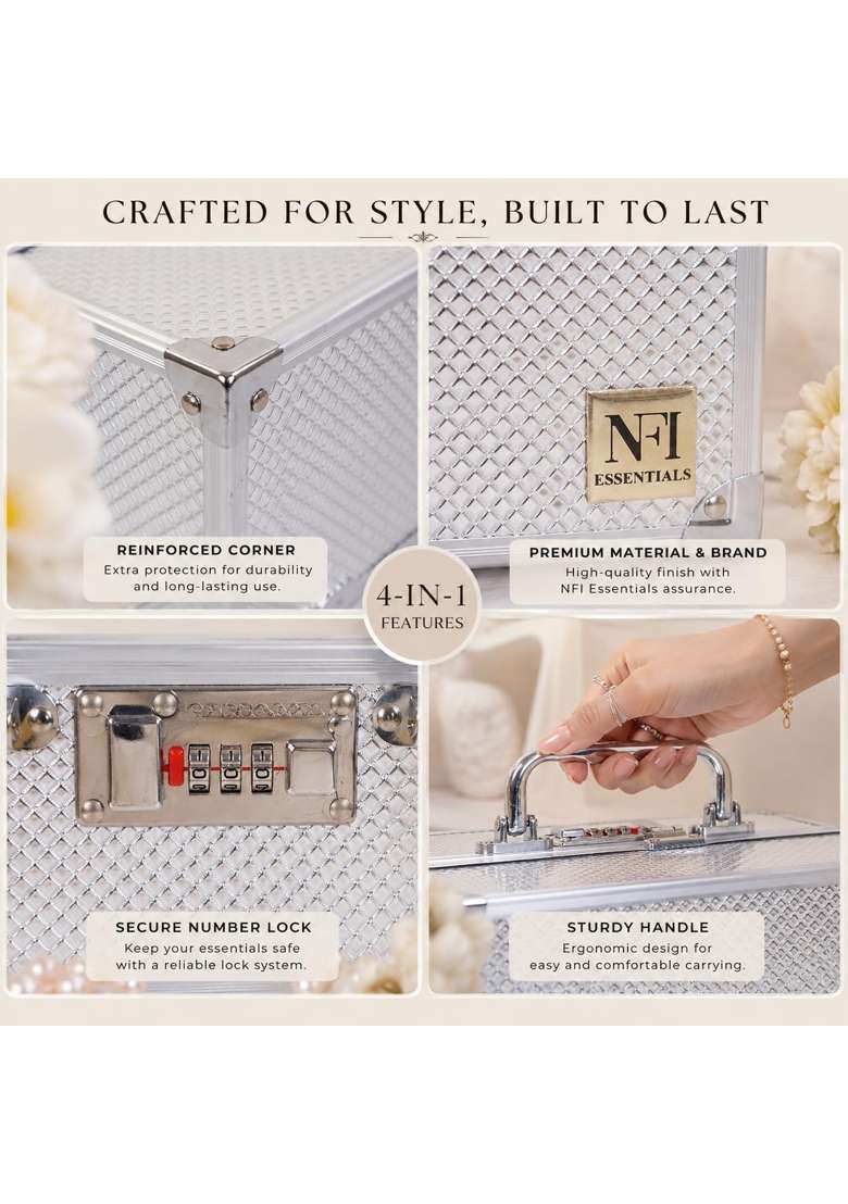 NFI Essentials Silver Makeup Vanity Box for Women Professional Cosmetic Organizer Case with Lock and Multi - Indya