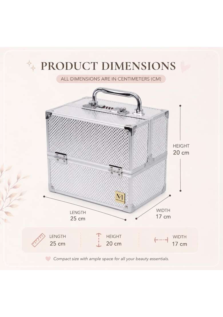 NFI Essentials Silver Makeup Vanity Box for Women Professional Cosmetic Organizer Case with Lock and Multi - Indya