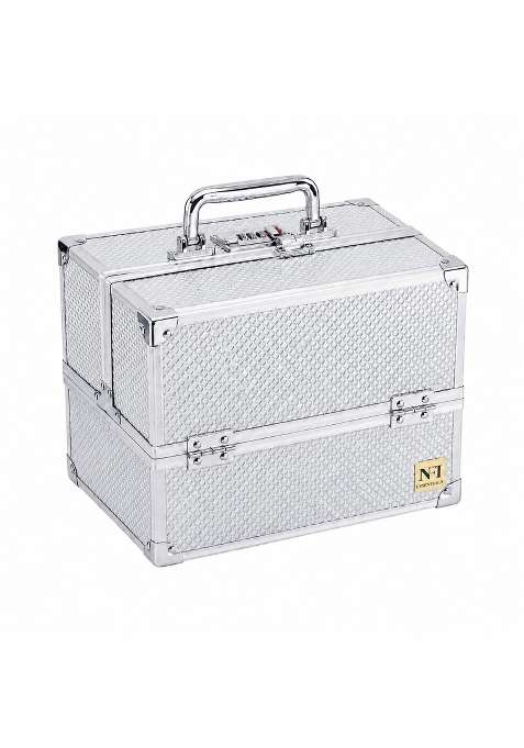 NFI Essentials Silver Makeup Vanity Box for Women Professional Cosmetic Organizer Case with Lock and Multi