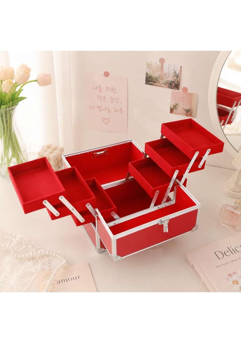 NFI Essentials Red Makeup Vanity Box for Women Professional Cosmetic Organizer Case with Lock and Multi Layer - Indya