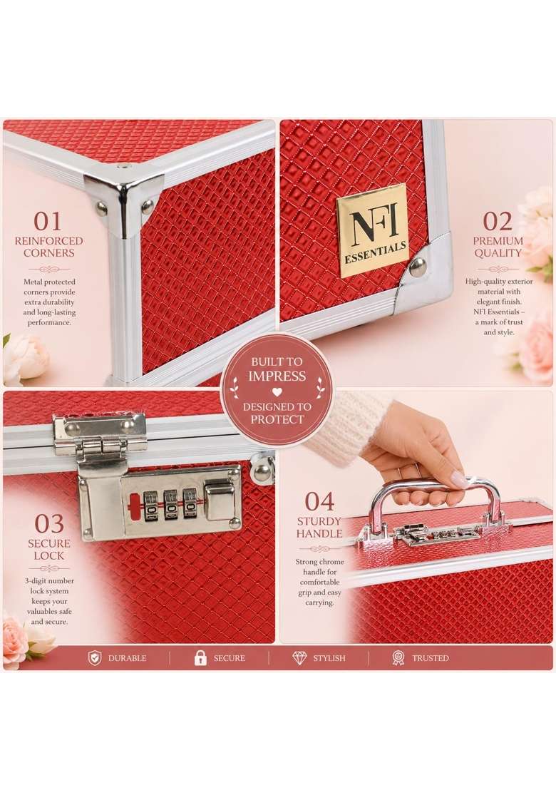 NFI Essentials Red Makeup Vanity Box for Women Professional Cosmetic Organizer Case with Lock and Multi Layer - Indya